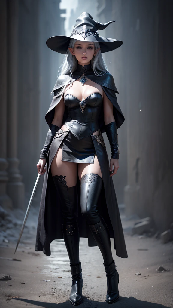 medieval setting, full view of body, 1 female elf mage,beatiful smokey eyes, silver hair, black mage robe with gambeson, wizard hat, black leather pants, leather boots