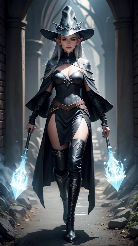 medieval setting, full view of body, 1 female elf mage,beatiful smokey eyes, silver hair, black mage robe with gambeson, wizard hat, black leather pants, leather boots