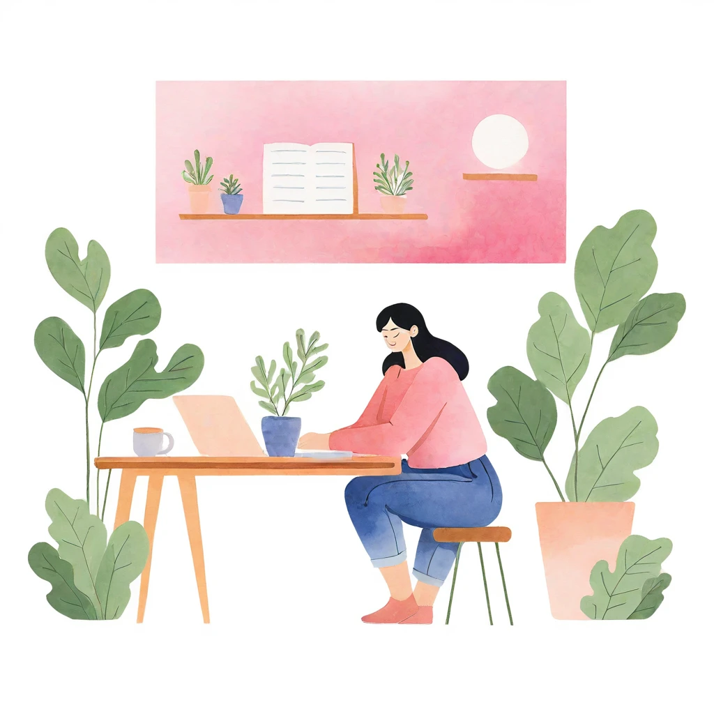 watercolor illustration In the tranquil scene of this image, a young black-haired woman is immersed in her own world, sitting at a desk in a room adorned with a pink wall. She is writing in a notebook, her hand gently holding a pen. The room environment exudes a warm and cozy atmosphere.