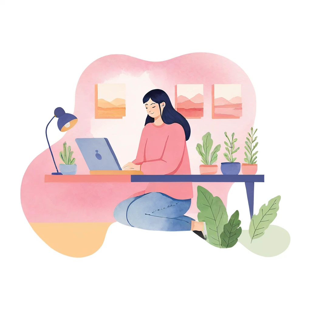 watercolor illustration In the tranquil scene of this image, a young black-haired woman is immersed in her own world, sitting at a desk in a room adorned with a pink wall. She is writing in a notebook, her hand gently holding a pen. The room environment exudes a warm and cozy atmosphere.