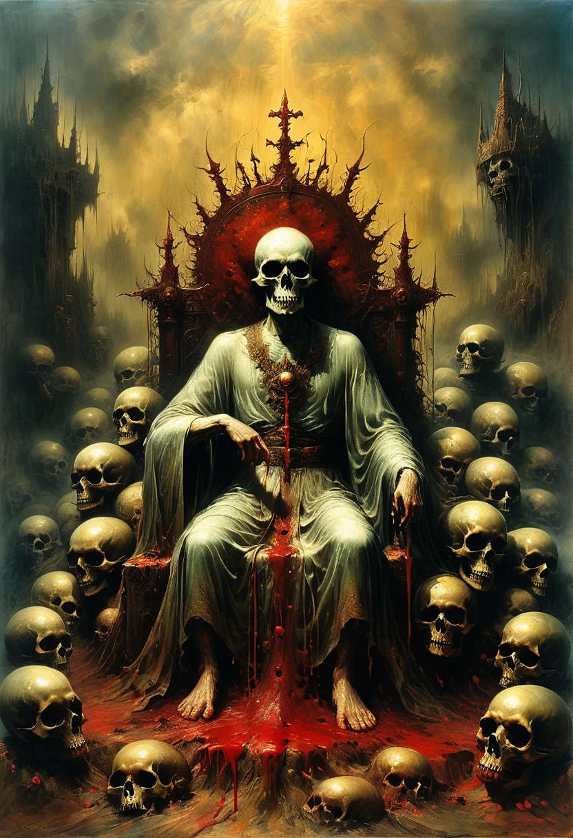 A painting，Golden throne on a pile of skulls, Disturbing, crawl, gloomy, rotten, Blood rushes like a river，High saturation by zdzislaw beksinski