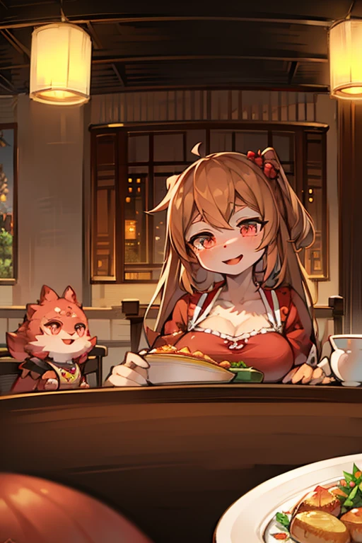 anime style, masterpiece,best quality,super fine illustration, super detailed, dynamic angle, beautiful background, 8k quality, In a crab specialty japanese restaurant, a table put  a big crab. BREAK A woman with eyes sparkling with joy looks delighted at the sight.