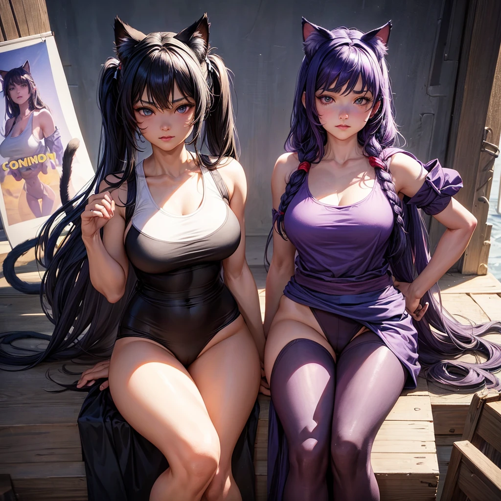 Realistic poster portrait of Masnya, (Purple skin color:1.1), Cat ear, alone, Jeremy Lipking, William Bouguereau, (Alphonse Mucha:0.5), By d-art , SFW Dark blue hair girl, Cat ears and tail, Wearing a tank top and racing pants. body type Twin tails Female genitalia is visible Detailed depiction of female genitalia Flat Chest Stern expression With legs apart