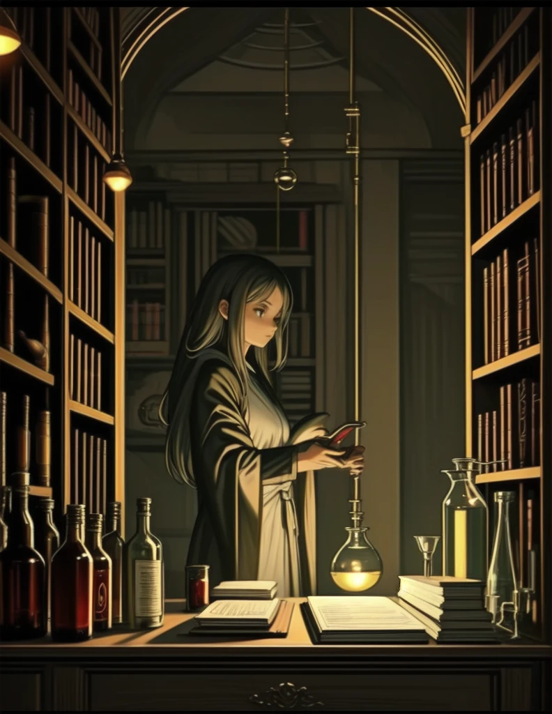 Alchemist, workshop, large cauldron, medicine bottle, wizard's tools, bookcase, heavy leather books, fantasy robes, researcher, laboratory, medieval science, lamp light, dusk, solo