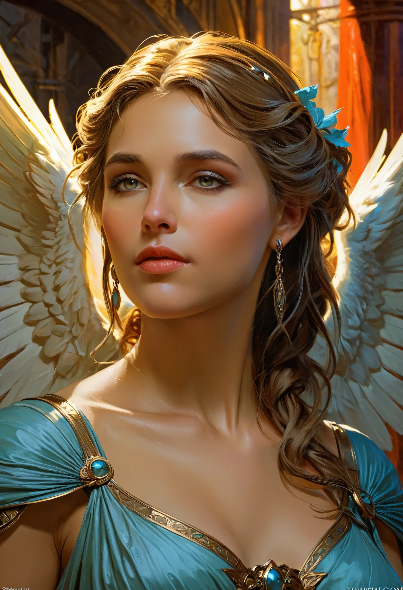 a beautiful angel, closeup portrait, intricate, elegant, extremely detailed, digital painting, art station, concept art, smooth, sharp focus, fantasy, dungeons and dragons, detailed face, alphonse mucha art style, greg rutkowski art style, vivid colors, dramatic lighting, cinematic, photorealistic