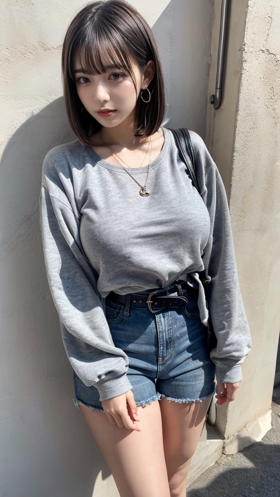 masterpiece, best quality, illustration, Super detailed, fine details, High resolution, 8K,wall paper, perfect dynamic composition, full body photo, leaning forward, crossed arms, (Details High quality, realistic depiction of eyes:1.3), 20 year old girl, Gravure Idol, cute type, large breasts, Colossal tits, short bob hair, black hair color, Korean style makeup, Big Natural Color Lip, thick thighs, perfect body shape, plump figure, champion gray sweatshirt, denim short pants, Leather belt, necklace, earrings