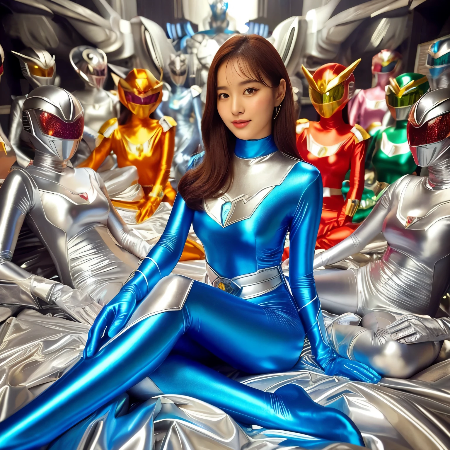 best image quality、Super high resolution、(realism:1.4)、Korean beauty star、The most beautiful KPOP star、horny face、Horny Korean makeup、erotic expression、A body that makes you want to touch it、erotic photos、((Realistic shiny satin fabric texture、High-gloss stretch satin fabric that is smooth and smooth to the touch.、The drape of the curved part of the shiny satin fabric、strong shiny costume、The smooth and beautiful quality and luster of the costumes、A shiny costume made of high-quality satin fabric with high density.、Smooth to the touch oil light liang ultra-class battleship skin coat COS、Super SentaiWomen&HeroineSuit、Texture of costumes that satin fetishists respond to、Thin, glossy stretch satin fabric)),8K photo quality