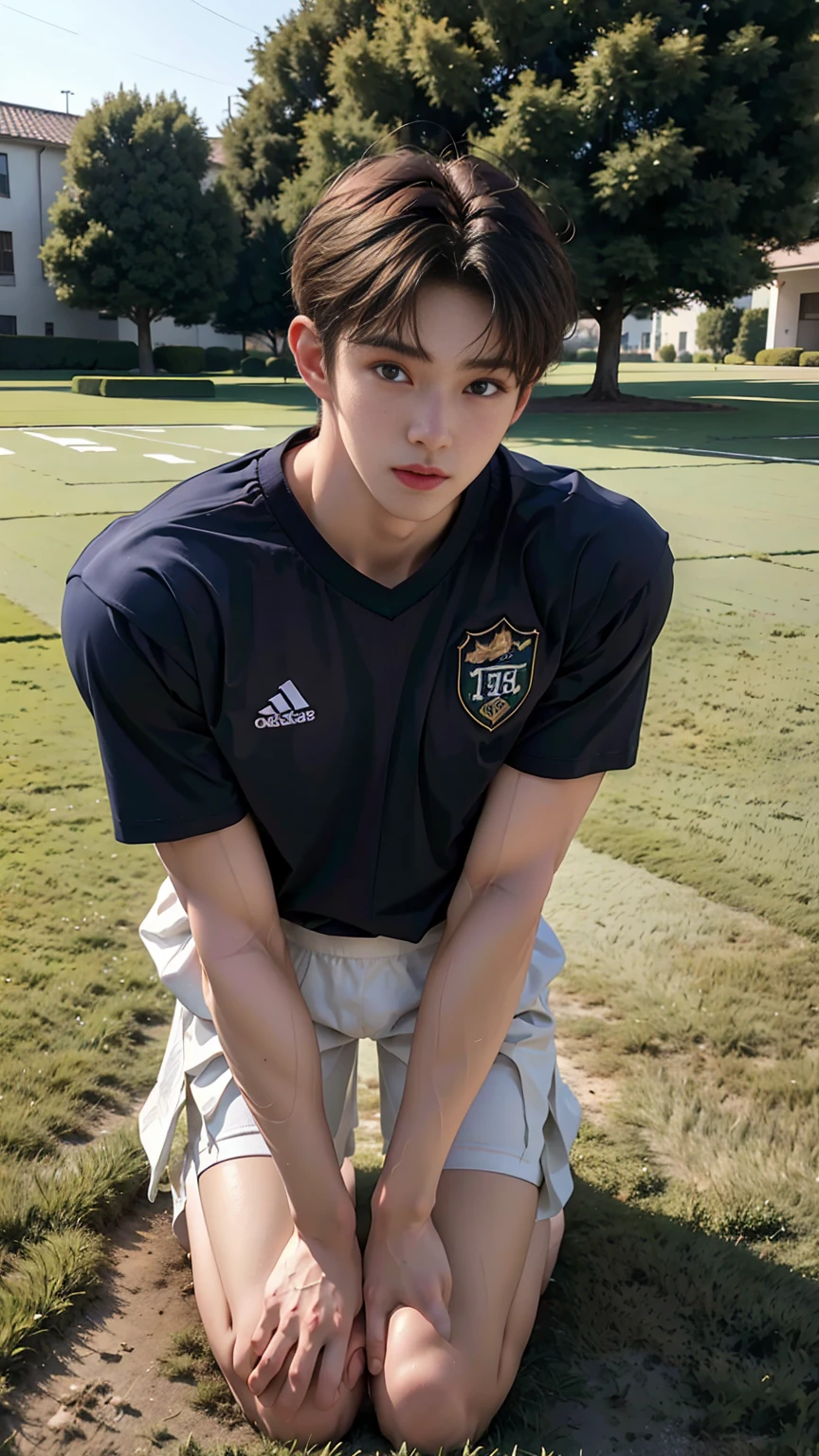 masterpiece,best quality,Front view，Stay away from the camera， (An 18-year-old tall boy:1.2), (Kneeling upright on the campus lawn:1.2),（Football Jersey）,Broad shoulders,Muscular shoulders，（Extremely strong body），Muscular body，Fitness，Perfect body proportions，Inverted triangle figure，Biceps，Highlight muscle texture， Muscular body，Small head，Handsome and cute face，V-Shaped Face，Perfectly detailed facial features,Looking at the camera，Innocent expression，leaning back,head tilt, happy, very short hair, brown hair,(looking at viewer:1.2)，Vision