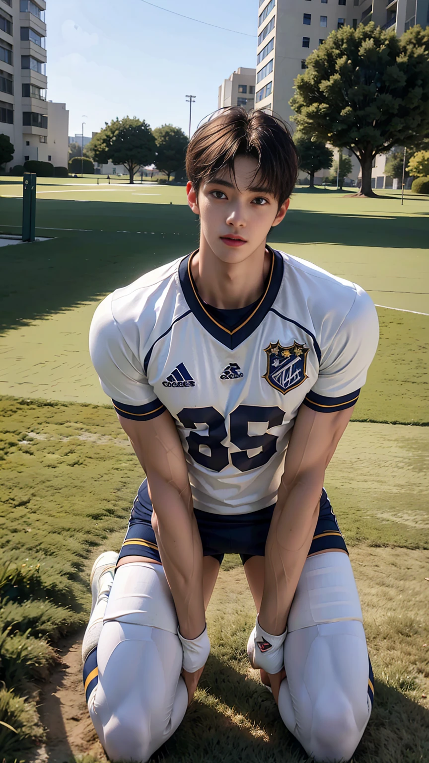 masterpiece,best quality,Front view, (An 18-year-old tall boy:1.2), (Kneeling upright on the campus lawn:1.2),(Football Jersey),Broad shoulders,Muscular shoulders,(Extremely strong body),Muscular body,Attractive and fit body,Inverted triangle figure,Biceps,Highlight muscle texture, Muscular body,Small head,Handsome and cute face,V-Shaped Face,Perfectly detailed facial features,Looking at the camera,Innocent expression,leaning back,head tilt, happy, very short hair, brown hair,(looking at viewer:1.2),Vision