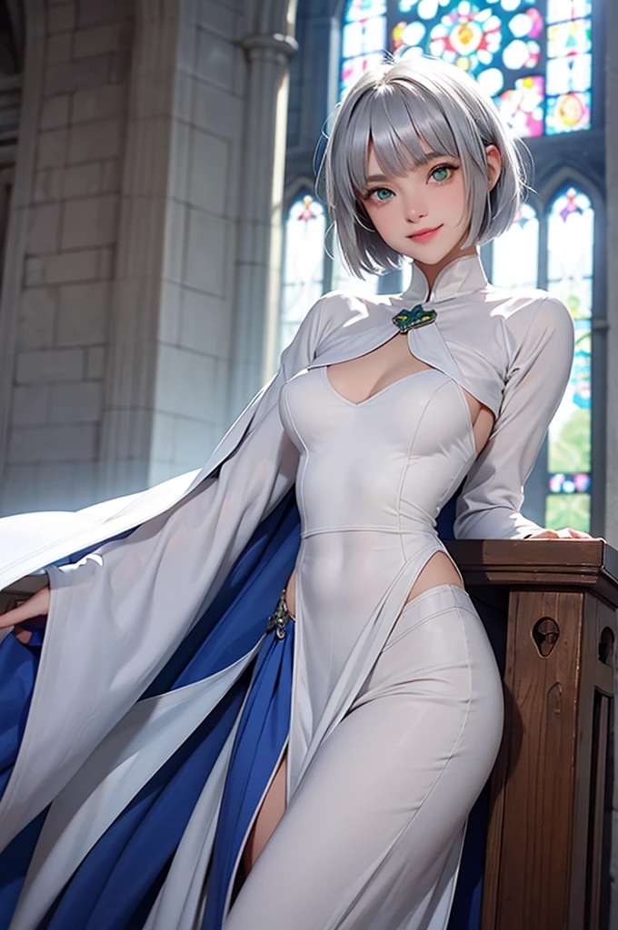 Perfect human body modeling, 1girl, beautiful girl, cute girl and idol face, young face, smile, short and bob cut hair, silver hair, ahoge, white shiny skin, beautiful green eyes, medium breasts, Western-style fantasy, RPG, church, Fantasy Monks, Blue priest's uniform, white priest's garb,