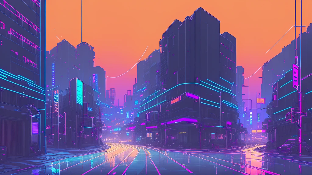 (nvinkpunk:1.2) SNTHWVE STYLE ,Streetscape、Light Wave, night、Neon Light, Complex, Very detailed