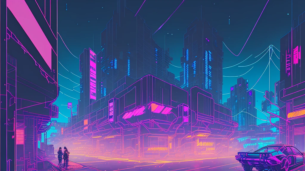 (nvinkpunk:1.2) SNTHWVE STYLE ,Streetscape、Light Wave, night、Neon Light, Complex, Very detailed