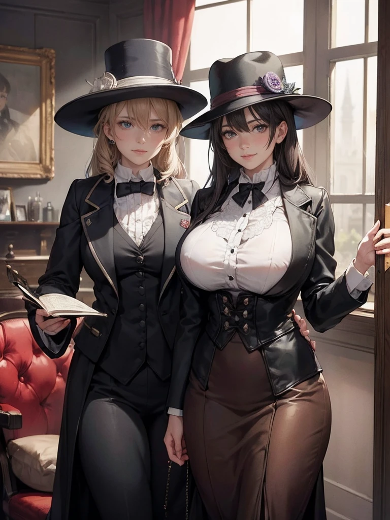 Sherlock Holmes lady & Watson lady: Two ladies dive into the world of deduction and adventure, infiltrating the hideout of villains. Baker Street, London,Sherlock lady with huge breasts, dressed in a brown color check patern frock coat and check patern hat, stands side by side with Watson lady with huge huge huge breasts, wearing a white formal suit. Gentle elegance and wild smile amidst wind-blown mist, as they ponder mystery's secrets. Real faces, real bodies, and a real background of Victorian-era London, set the tone for a masterpiece.