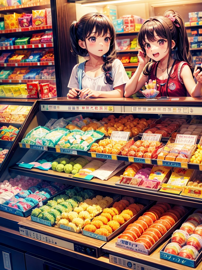 Highest quality,Highest Resolution,Children buying gachapon at a Japanese candy store during summer vacation,