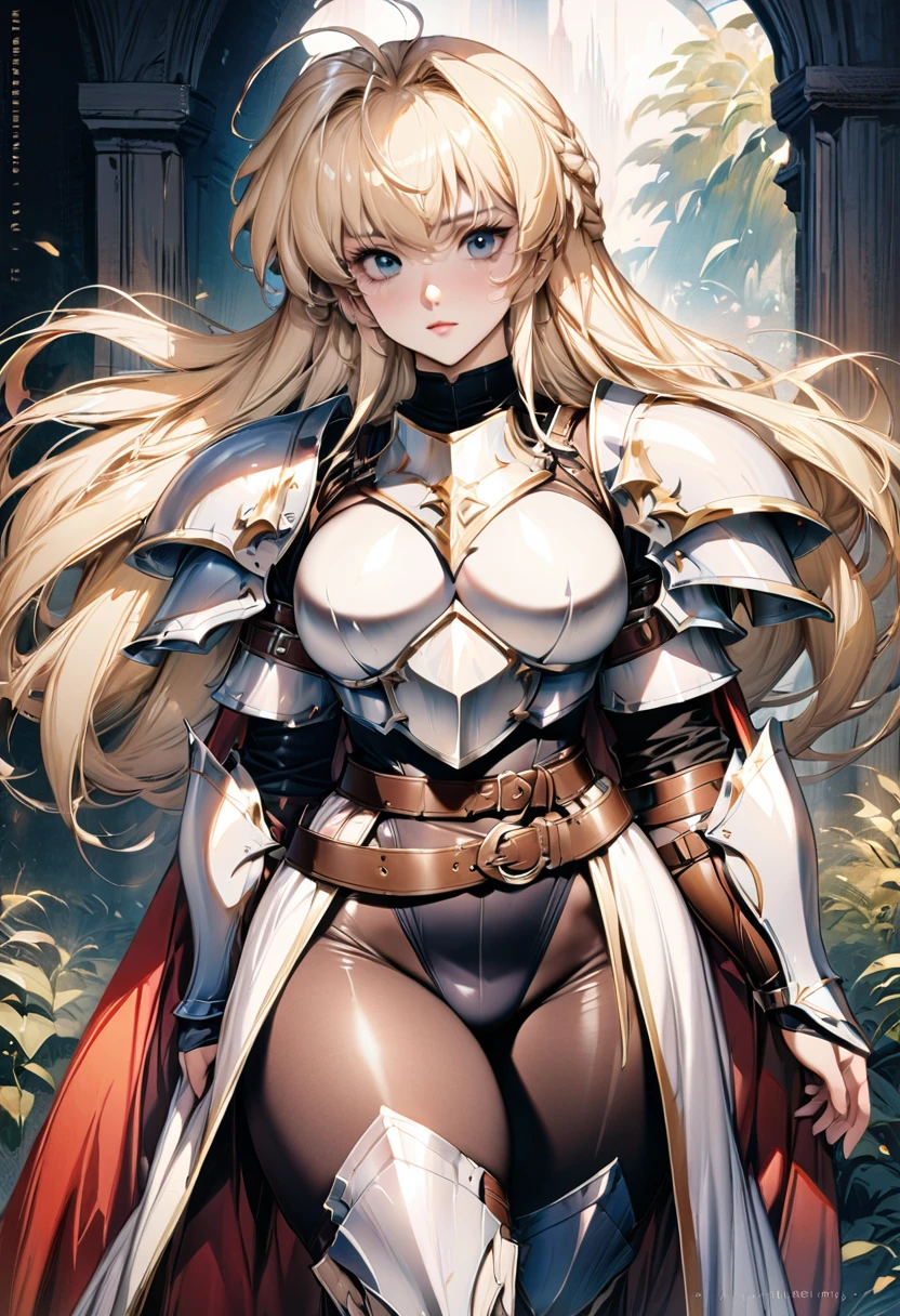 ((highest quality)), ((masterpiece)), ((hyperrealistic)), (detailed background), solo, 1girl, ((curvy: 1.2)), kawaii, female knight with a spear, ((armored dress)), langrisser, blonde braided long hair, Ahoge, (paladin armor), ((Tight-fitting leotard bodysuit)), ((large breasts)), ((arm guard gauntlet)), metal harness breastplate, belt waist armor, ((zettai ryouiki knee socks boots)), (big butt), (cleavage cutout), (Groin), (thighs), perfect noble cloak, beautiful aqua eyes, droopy eyes, perfect face, Perfect hands, perfect fingers, Blue sky and grassland, posing,