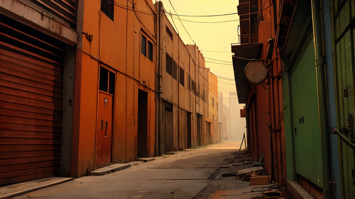 A cartoon red orange themed polluted industrial atmosphere 