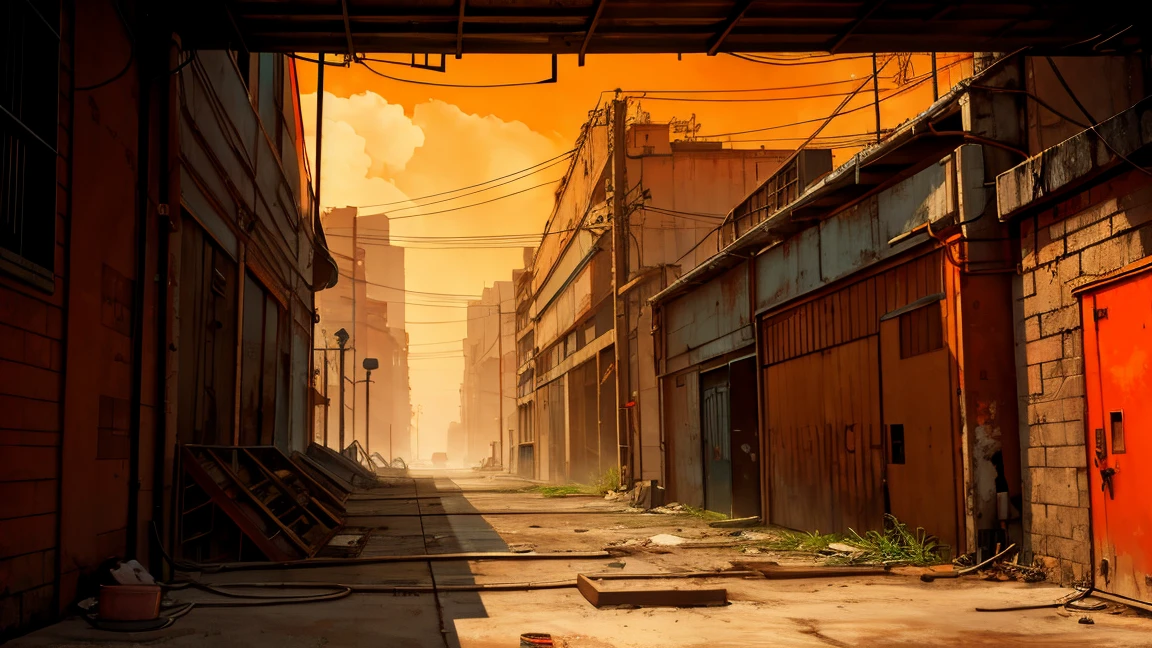 A cartoon red orange themed polluted industrial atmosphere