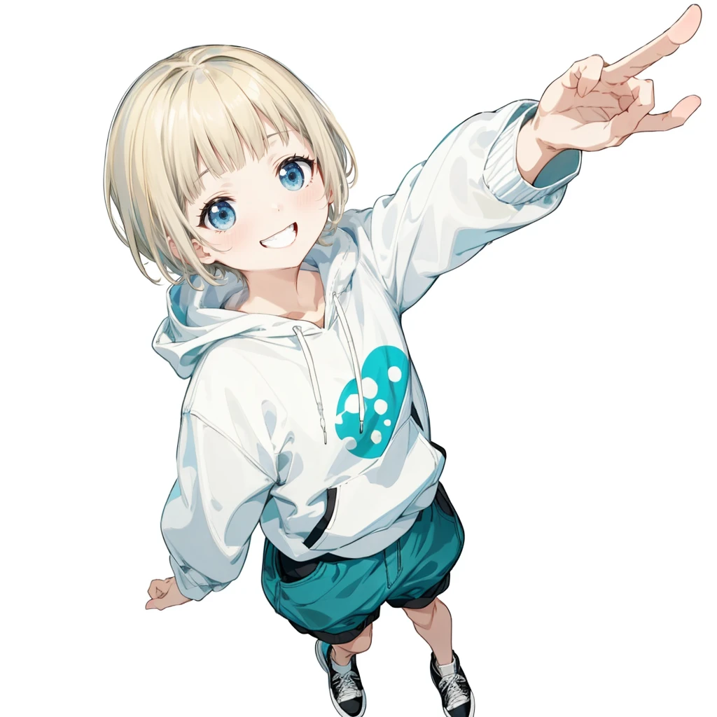 First Job, Better Quality, 1. garota Laughter, Short Mash Hair、Short Hair、Blonde Hair Color、Turquoise Eyes、White hoodie、Black hot pants、Black sneakers、, Little , Little, Laughter (Solo Girl)、Looking up、The camera is from above、The front hair is straight、Please draw the fingers in detail、Fingers５Book