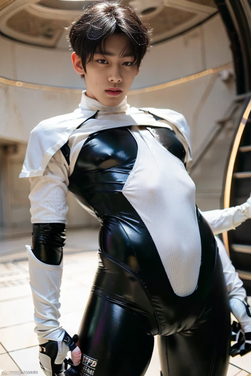 (masutepiece,High resolution,ultra - detailed:1.0),1(Boy,Robot Boy),Perfect male body,Look at the camera,Delicate eyes and delicate face,extremely details CG,Unity 8k wallpaper,intricate-detail,solo person,Detailed face, (Futuristic super tight spandex white bodysuit), Best Quality, hands visible, (White Gloves), short hair:1.5 , full length shot(fls) , big thighs , insane details, hyper details ,16k resolution , ultra-high clarity , hyperrealism, uhd,(K-pop idol ), thick thighs, male , ((unrealistic wide hips , unrealistic wide pelvis )), ((only boy , only male)) , ((ultra realism , ultra photorealism))