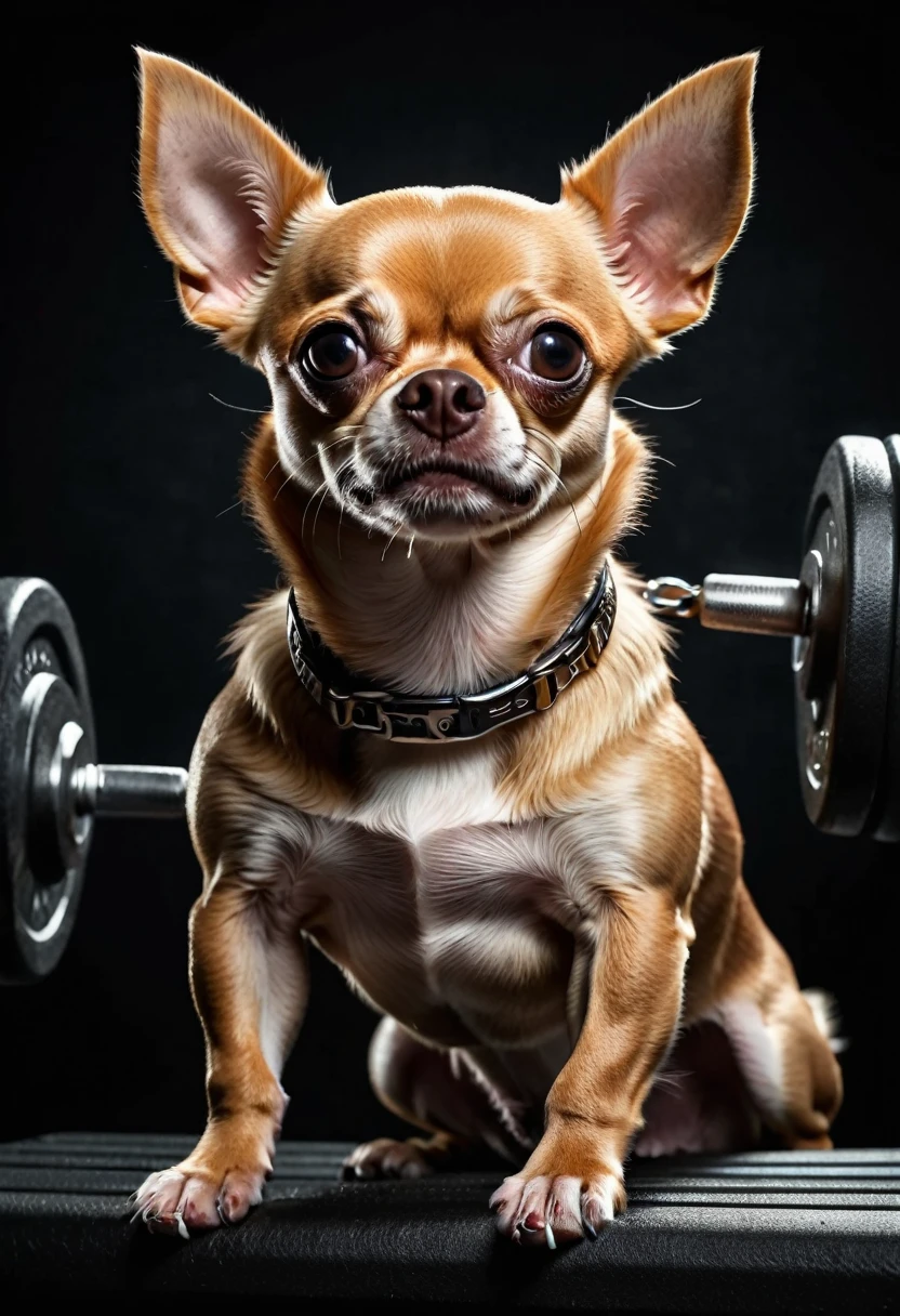 muscular chihuahua, bench pressing, pumped up, extremely detailed, hyper-realistic, 8k, high quality, studio lighting, photorealistic, sharp focus, vibrant colors, dynamic composition, dramatic lighting, muscular canine body, intense facial expression, powerful muscles, veins popping, lifting heavy weights, determined look, fitness, bodybuilding, workout