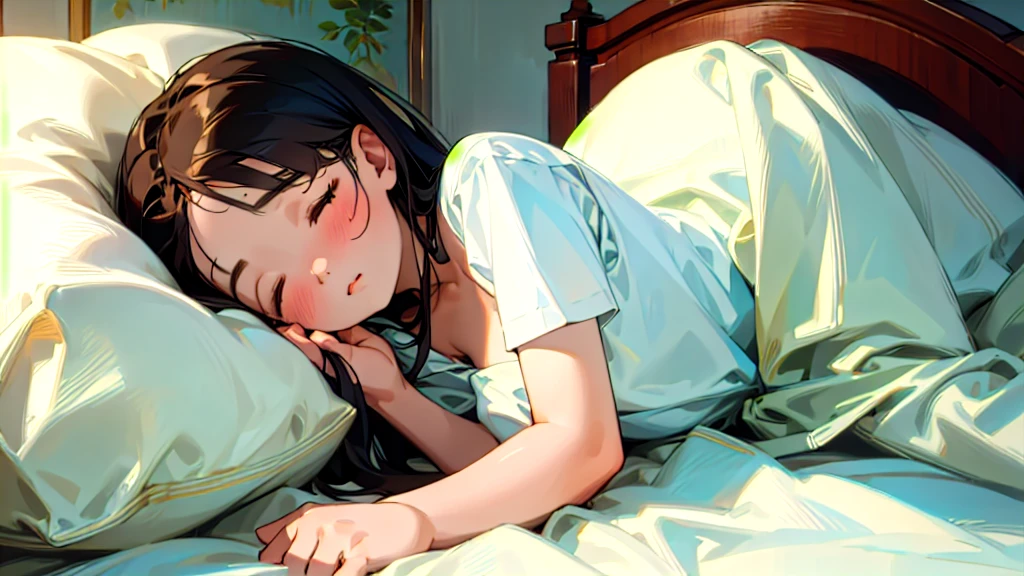 (Highest quality, masterpiece, Ultra-realistic), Beautiful and delicate１５Year-old girl portrait,, The background is the bedroom at home.。Sleeping with a calm expression。