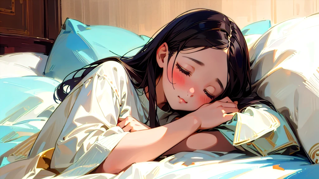 (Highest quality, masterpiece, Ultra-realistic), Beautiful and delicate15Year-old girl portrait,, The background is the bedroom at home.。Sleeping with a calm expression。