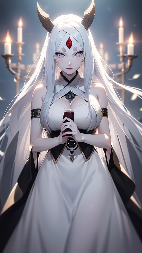 Masterpiece, absurd, 1 girl, mom, white hair, red eyes, movie light, white skin, mature, solo, long hair, smile, cleavage, big breasts, long legs, white fur, thick collar, rigorous anatomy, chest ribbon: o,
