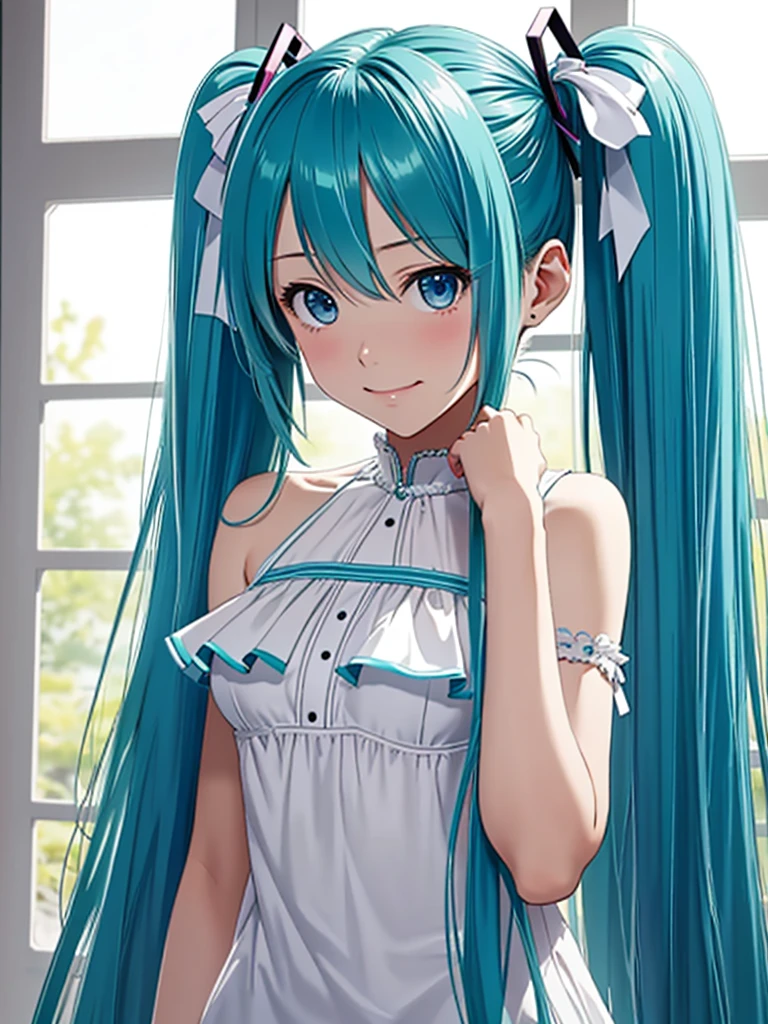 (masterpiece:1.4、Highest quality、figure:1.4,Realistic、)、(Character Focus、breast focus,Upper Body:1.3)、(One girl),(Clear Face:1.3),(Miku hatume),Cute face,blue eyes、()、
,(stand:1.4),(A radiant smile),
,(thin),(),
(Fluorescent light green long hair:1.6,,),(Twin tails), (Small breasts:1.3)、
、thin、Hatsune_Miku_Blue Archive
