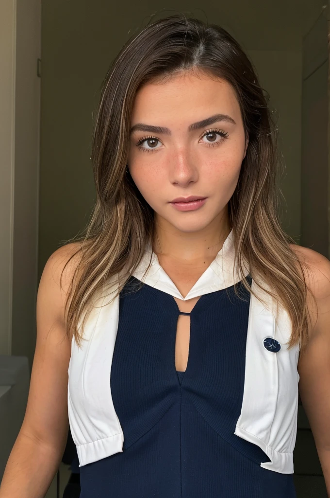 Andrea baptise, Photographier, une femme portant un costume et une cravate, on la voit partir au travaille jetée de Santa Monica, éclairage vif, (regarder le spectateur, photo de face:1.2)