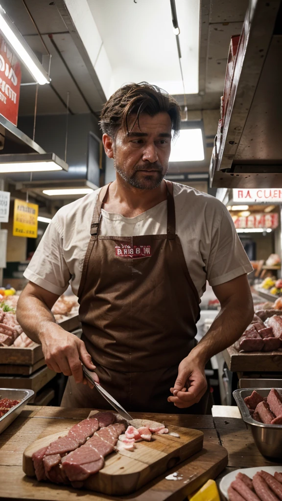  8k, RAW photo, best quality, masterpiece,realistic, photo-realistic, HDR,  a butcher in a bustling urban meat market, ensuring quality cuts