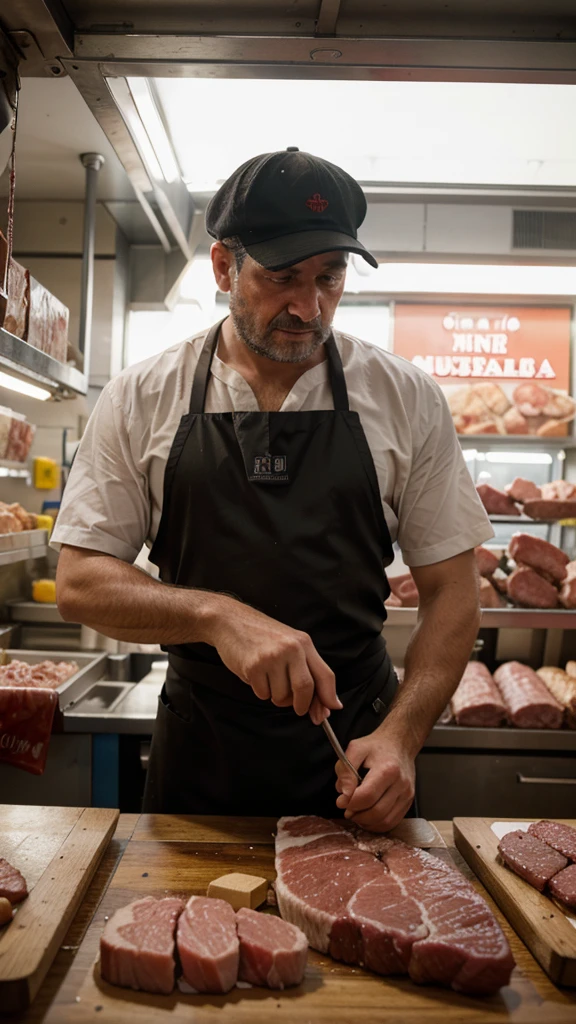 8k, RAW photo, best quality, masterpiece,realistic, photo-realistic, HDR, a butcher in a bustling urban meat market, ensuring quality cuts