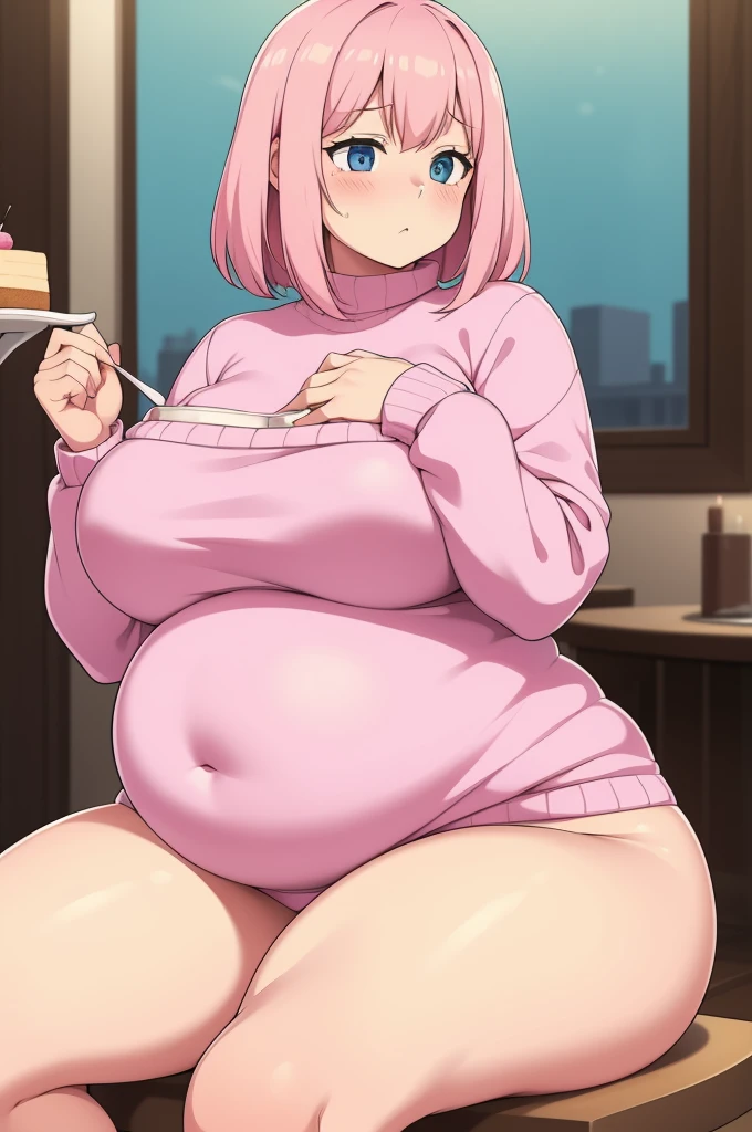 cute soft anime woman, shy, sweet fluffy girlfriend, mature, big breasts, wearing a sweater, fat, wide hips, soft, fat, chubby, pink hair, tall, shy. pink sweater. obese, sitting in a restaurant, eating a large cake, belly stuffing, full, gluttony, eating, thick thighs, wide hips. curvy. plump.