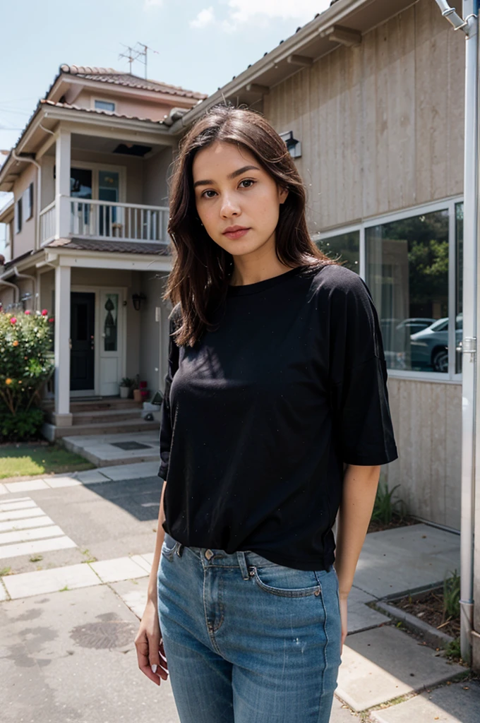 A woman standing in front of a house wearing a black shirt