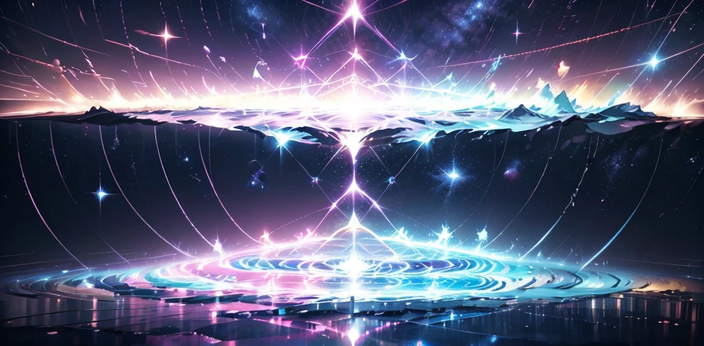 Space, blue, yellow, pink nebulae, in light milky tones, being reflected on the ground