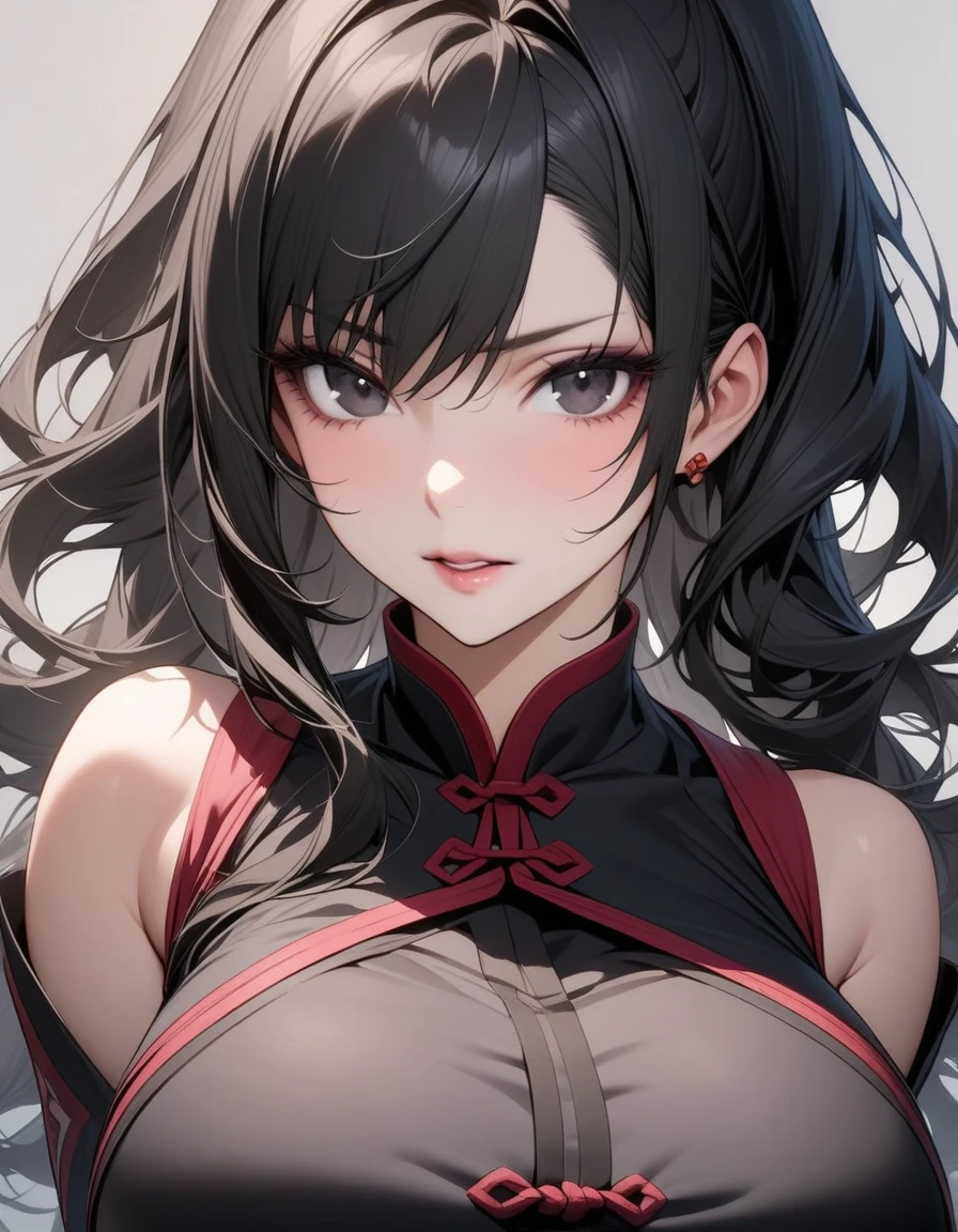 Mature big sister,Black long hair,Black chest binding,Chinese style,Beautiful black eyes,Extremely detailed,high resolution,Simple background