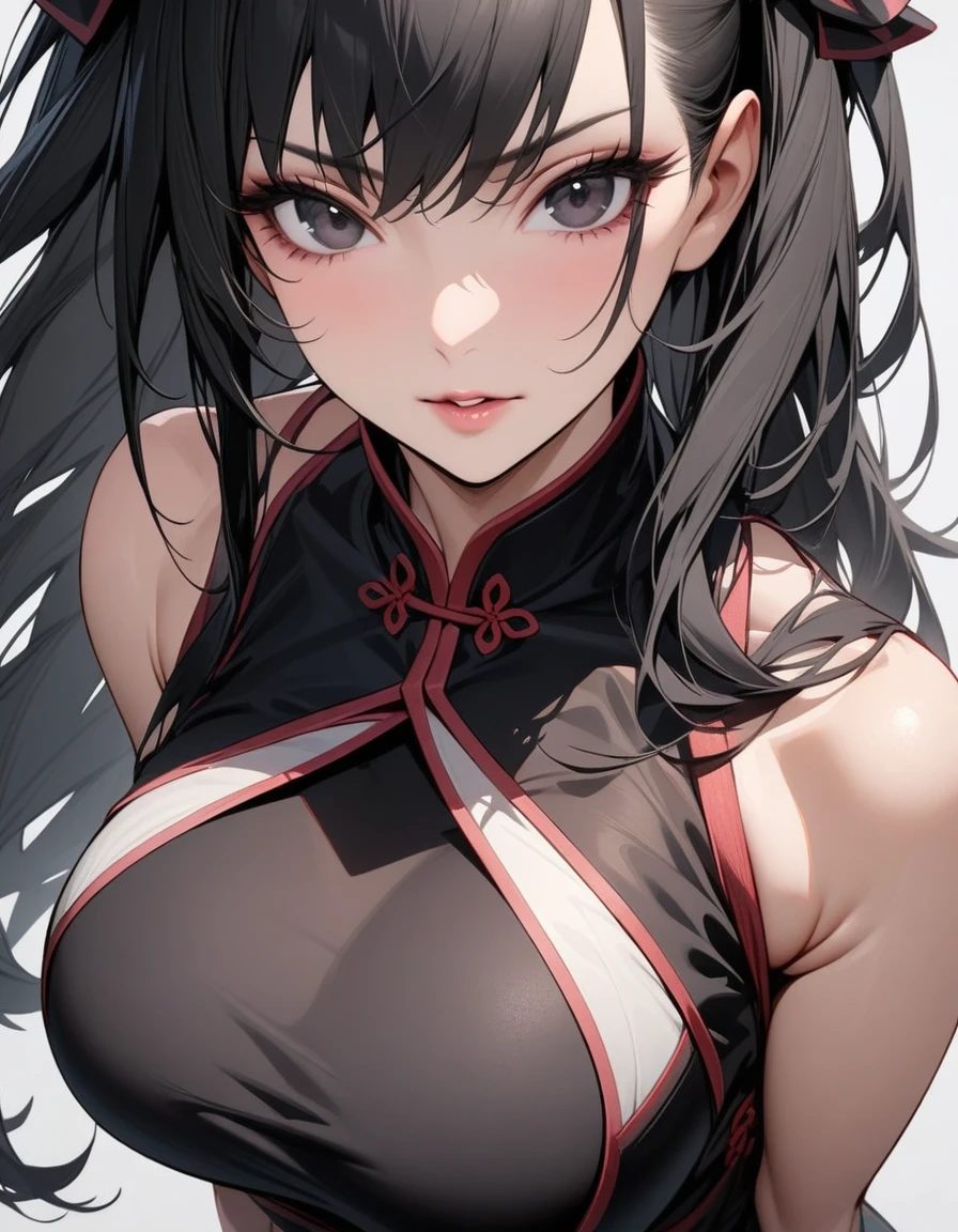 Mature big sister，Black long hair，Black chest binding，Chinese style，Beautiful black eyes，Extremely detailed，high resolution，Simple background