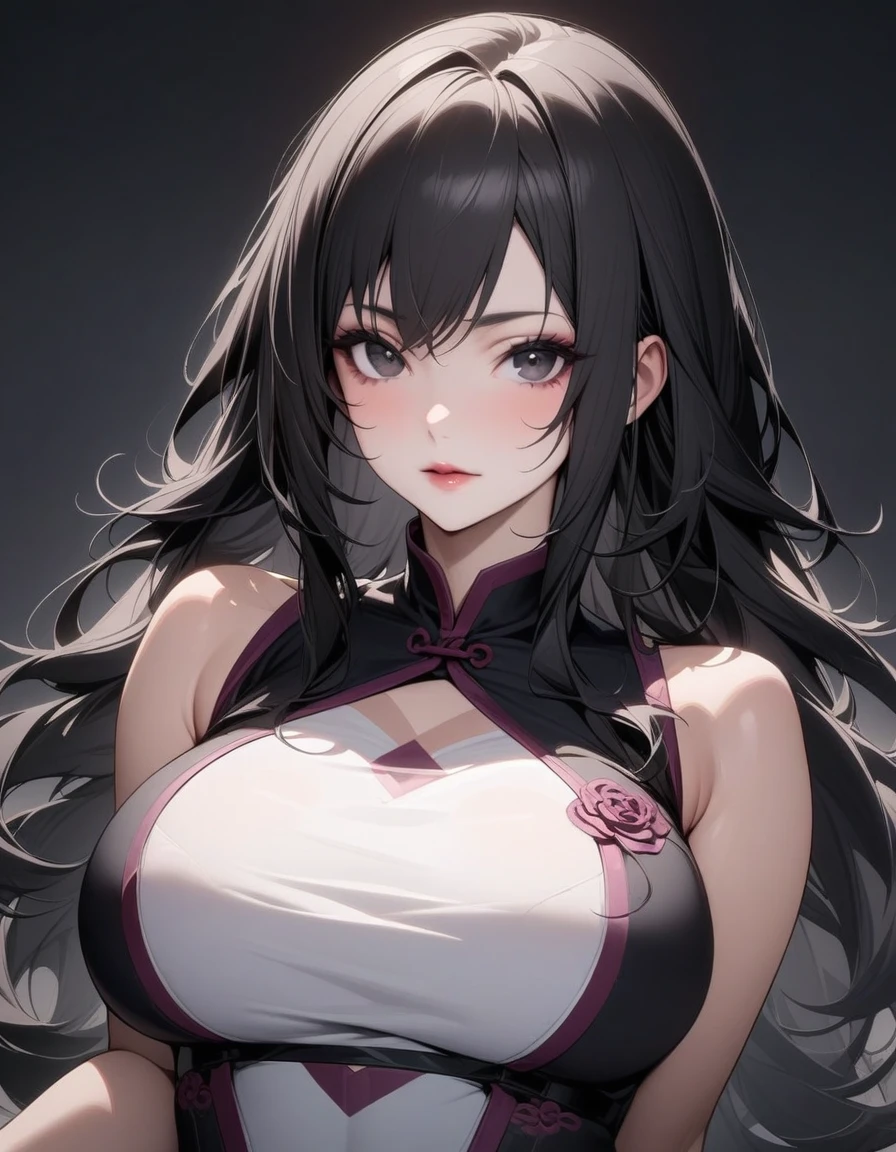 Mature big sister，Black long hair，Black chest binding，Chinese style，Beautiful black eyes，Extremely detailed，high resolution，Simple background