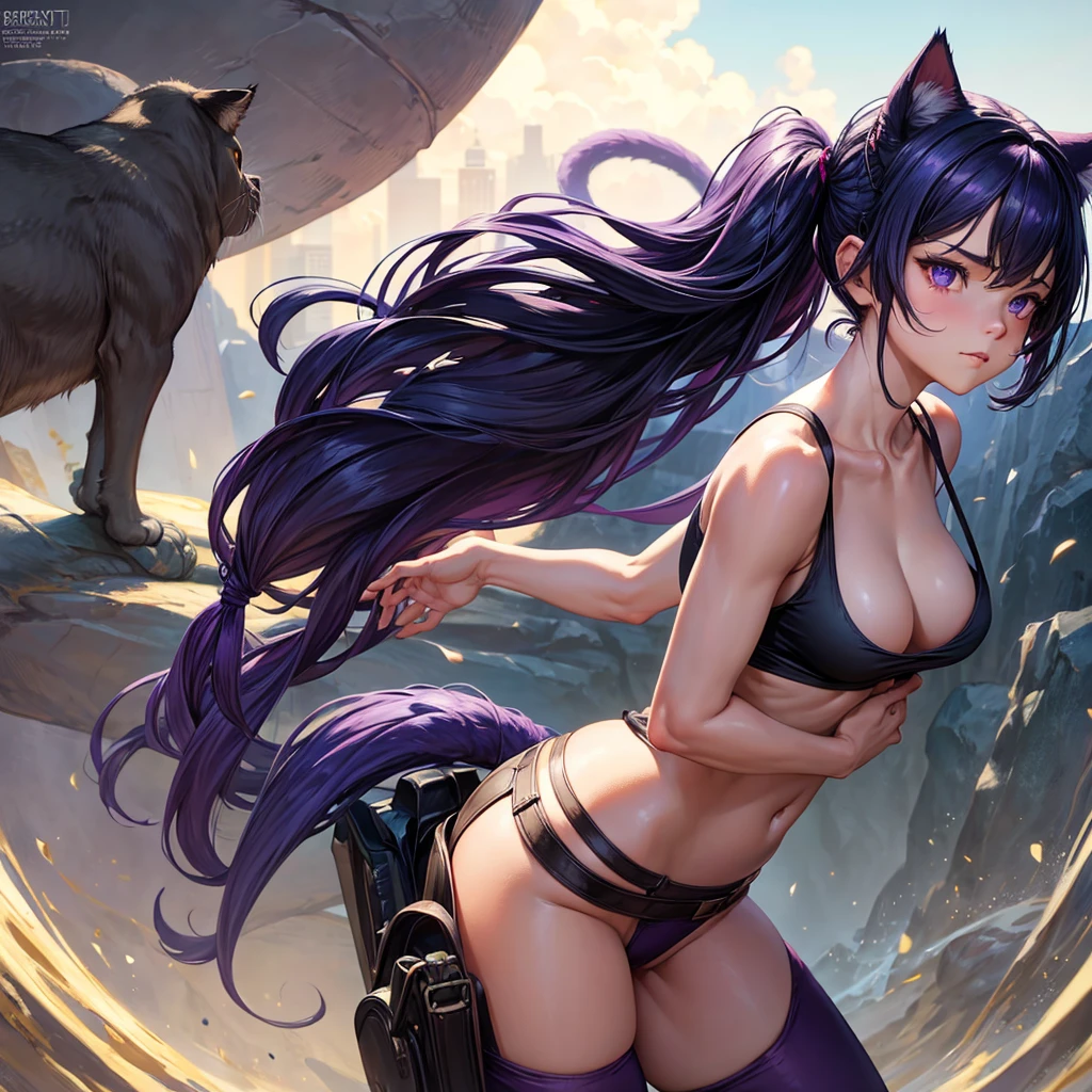 Realistic poster portrait of Masnya, (Purple skin color:1.1), Cat ear, alone, Jeremy Lipking, William Bouguereau, (Alphonse Mucha:0.5), By d-art , SFW Dark blue hair girl, Cat ears and tail, Wearing a tank top and racing pants. body type Twin tails Female genitalia is visible Detailed depiction of female genitalia Flat Chest Stern expression With legs apart