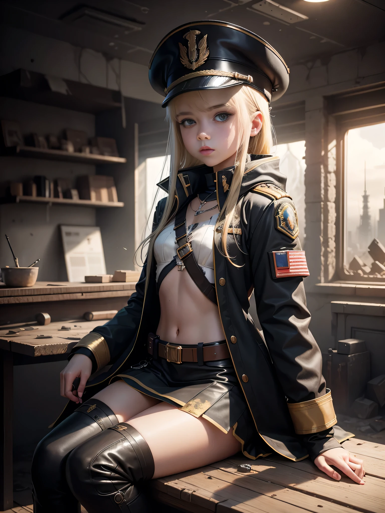 Destroyed towns,3 Ukrainian girls , Ukrainian anime girls , , Ukraine ,
Full body composition of young girl with messy bright blonde hair, eye make up, 15 year old,
Soft lighting, Solo, Old torn dirty shabby futuristic military uniform, badges, Pose, Blotch color, Octane Render, Hyperrealistic intricate detail,
Cinematic, 8K resolution, 70mm, Accent Lighting, Global Illumination, Full body portrait, clean detailed faces, intricate clothing, Cute face, flat chest, Slim waist, Slim legs, small hips,Major's uniform,Major's hat, thigh high boots
Holding a handgun,Long jacket,Carrying a cloak,actionpose,Sitting in the General's Chair,