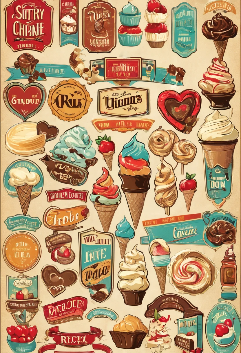 Multiple aligned vintage labels,cute,ice cream,Candy