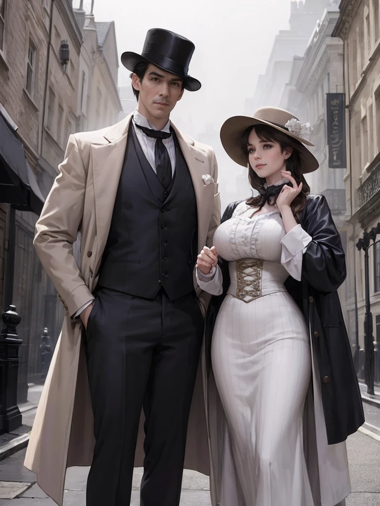 Sherlock Holmes lady & Watson lady: Two ladies dive into the world of deduction and adventure, infiltrating the hideout of villains. Baker Street, London,Sherlock lady with huge breasts, dressed in a brown color check patern frock coat and check patern hat, stands side by side with Watson lady with huge huge huge breasts, wearing a white formal suit. Gentle elegance and wild smile amidst wind-blown mist, as they ponder mystery's secrets. Real faces, real bodies, and a real background of Victorian-era London, set the tone for a masterpiece.