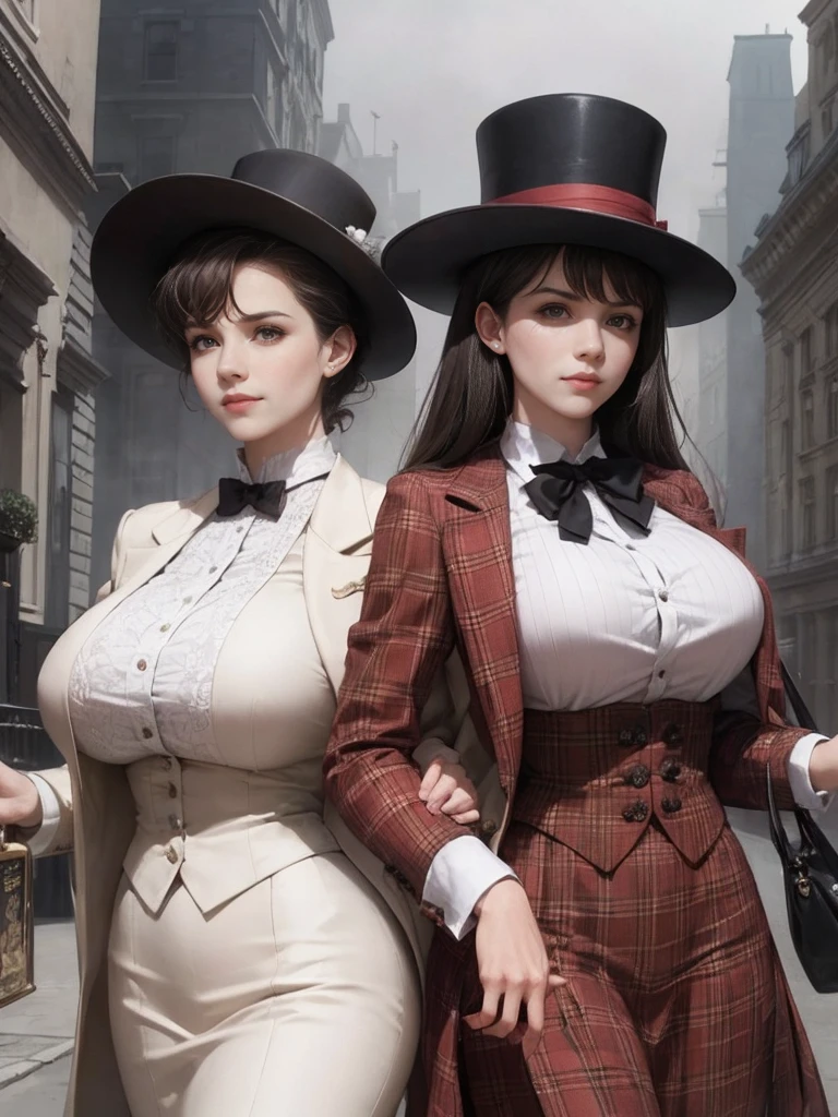 Sherlock Holmes lady & Watson lady: Two ladies dive into the world of deduction and adventure, infiltrating the hideout of villains. Baker Street, London,Sherlock lady with huge , dressed in a brown color check patern frock coat and check patern hat, stands side by side with Watson lady with huge huge huge breastsng a white formal suit. Gentle elegance and wild smile amidst wind-blown mist, as they ponder mystery's secrets. Real faces, real bodies, and a real background of Victorian-era London, set the tone for a masterpiece.