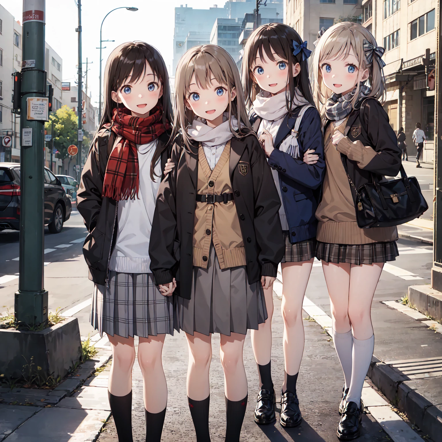 finely DetaileD illustration, best quality, masterpiece, vibrant color,8-year-old、pretty girl、幸せなsmile、Beautiful background,Long Hair, View your audience, blush, smile, Open your mouth, bangs, blue eyes, Multiple Girls, skirt, Brown Hair, shirt, Black Hair, Long sleeve, bow, Brown eyes, very Long Hair, , Are standing, Jacket, white shirt, :D, Sweat, pleateD skirt, Outdoor, Open clothes, shoes, Day, shoes下, Striped, collareD shirt, Please raise your hand, Three Girls, bag, scarf, reD bow, open Jacket, black Jacket, V-shaped eyebrows, Sleeves are longer than the wrist, parteD bangs, Plaid, Knee-length, nose blush, Plaid skirt, Brown footwear, flying SweatDrops, blazer, cardigan, loafers, grey skirt, school bag, Striped bow, Diagonal stripes, station