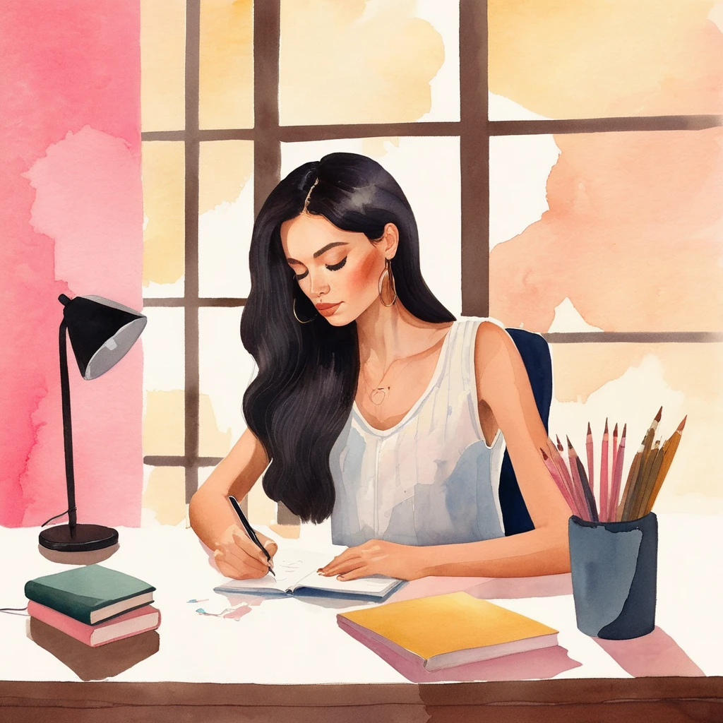 watercolor illustration In the tranquil scene of this image, a young black-haired woman is immersed in her own world, sitting at a desk in a room adorned with a pink wall. She is writing in a notebook, her hand gently holding a pen. The room environment exudes a warm and cozy atmosphere.