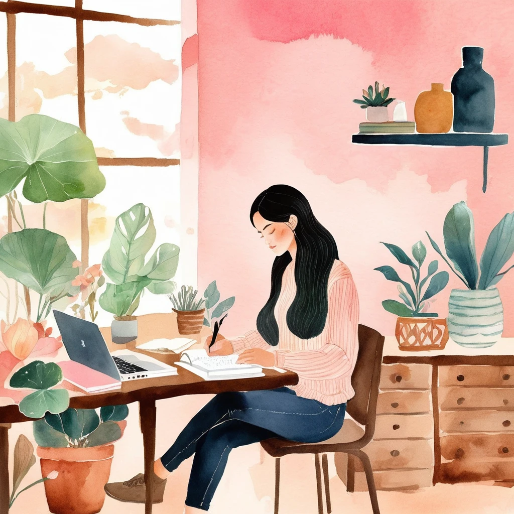 watercolor illustration In the tranquil scene of this image, a young black-haired woman is immersed in her own world, sitting at a desk in a room adorned with a pink wall. She is writing in a notebook, her hand gently holding a pen. The room environment exudes a warm and cozy atmosphere.