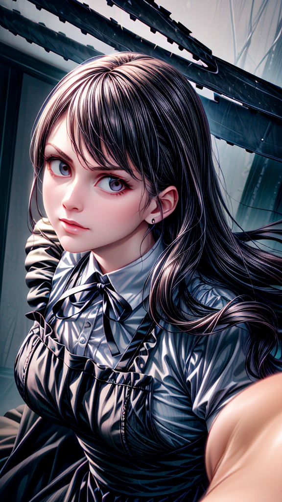((masterpiece, Highest quality)), (One girl), (alone), (Focus on women), night (Chainsaw Man),(Highly detailed face, The real picture, Realistic white skin, Realistic body, Intricate details), Upper Body, Focus on the face, Black hair tied up, Long Hair, Intimidating look, Black apron dress, shirt, Neck ribbon, Small breasts