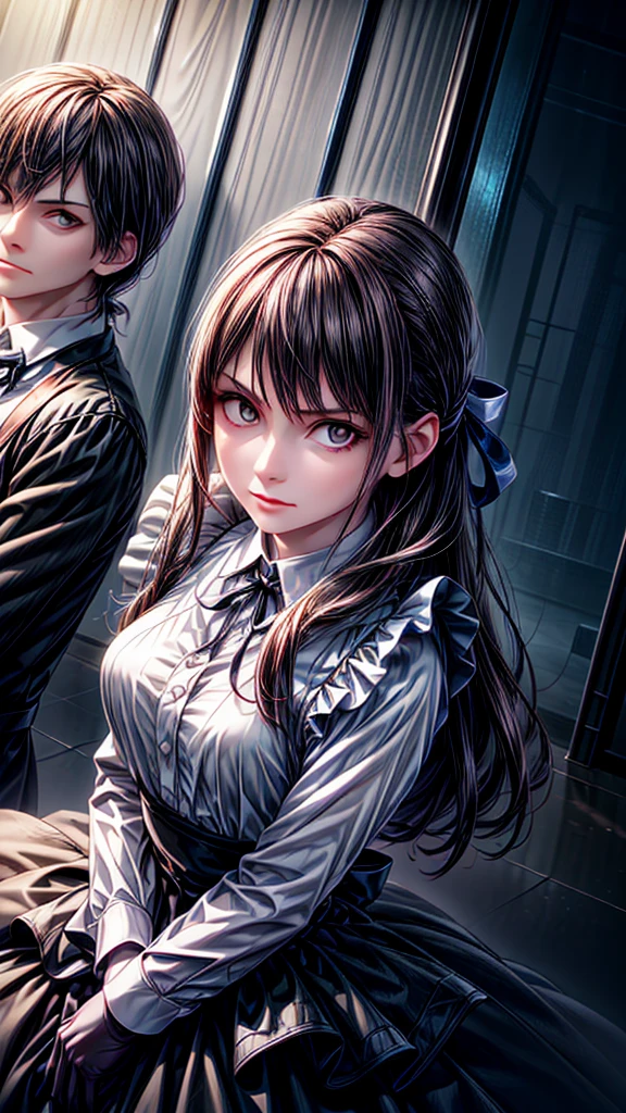 ((masterpiece, Highest quality)), (One girl), (alone), (Focus on women), night (Chainsaw Man),(Highly detailed face, The real picture, Realistic white skin, Realistic body, Intricate details), Upper Body, Focus on the face, Black hair tied up, Long Hair, Intimidating look, Black apron dress, shirt, Neck ribbon, Small breasts