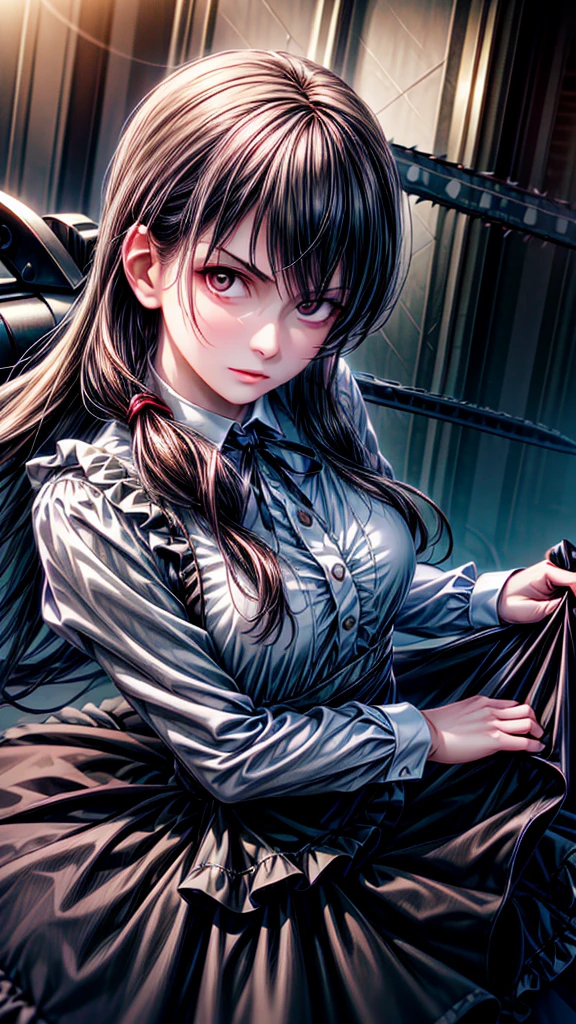 ((masterpiece, Highest quality)), (One girl), (alone), (Focus on women), night (Chainsaw Man),(Highly detailed face, The real picture, Realistic white skin, Realistic body, Intricate details), Upper Body, Focus on the face, Black hair tied up, Long Hair, Intimidating look, Black apron dress, shirt, Neck ribbon, Small breasts
