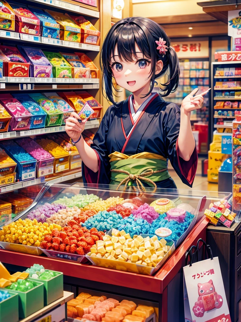 Highest quality,Highest Resolution, buying gachapon at a Japanese candy store during summer vacation,