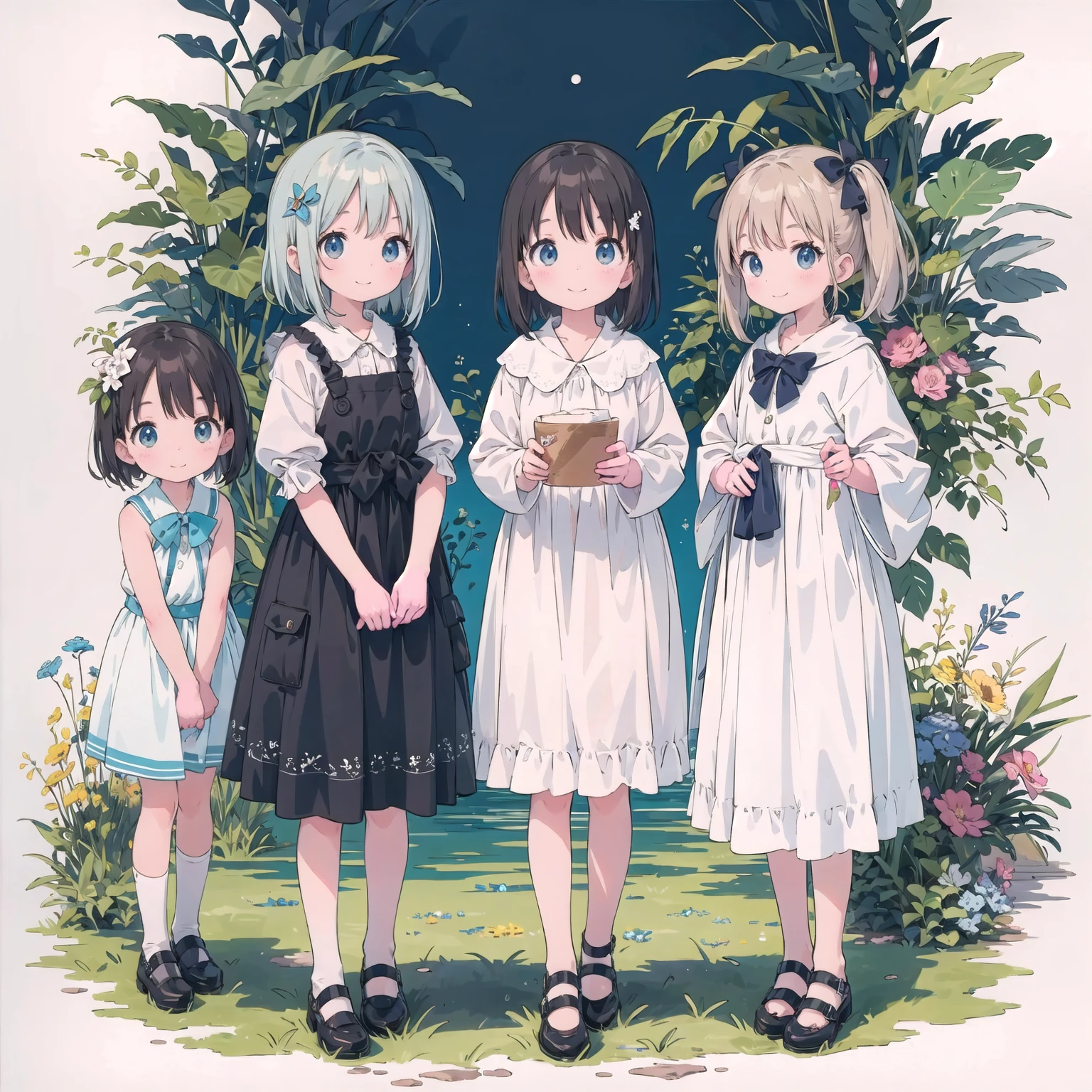 finely detailed illustration, best quality, masterpiece, vibrant color,8-year-old、pretty girl、Nude paintings、Happy smile、Beautiful background, Four Girls